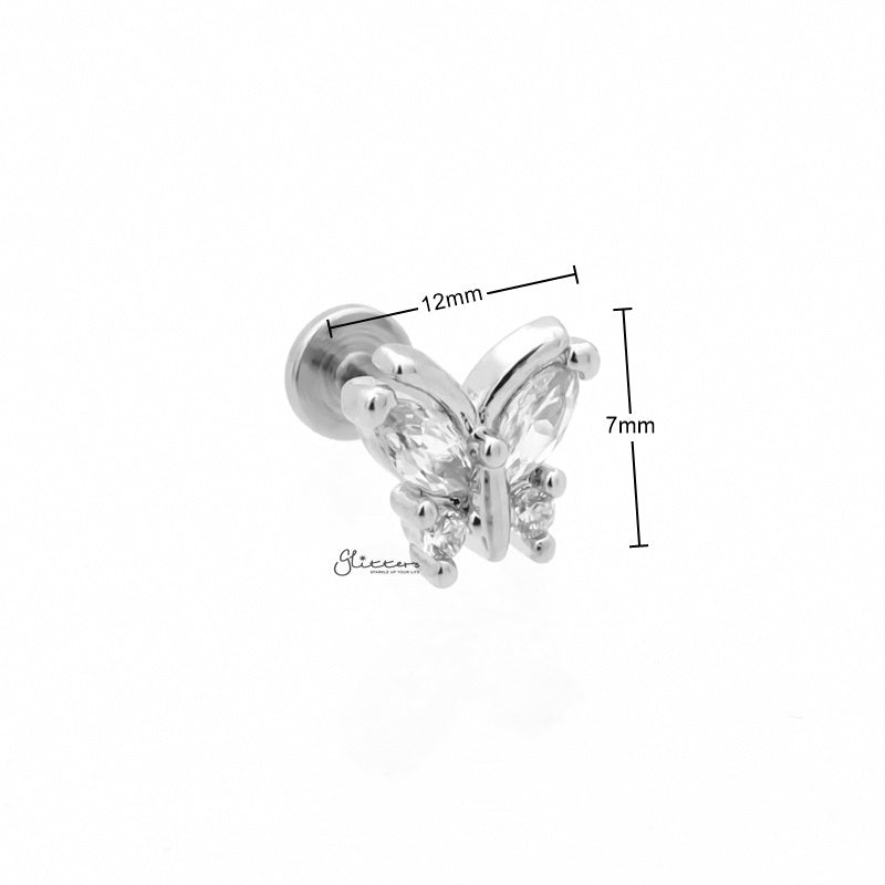 CZ Butterfly Top Flat Back Stud - Silver-Body Piercing Jewellery, Cartilage, Cubic Zirconia, Jewellery, Labret, Tragus, Women's Earrings, Women's Jewellery-TG0140-S4_New-Glitters