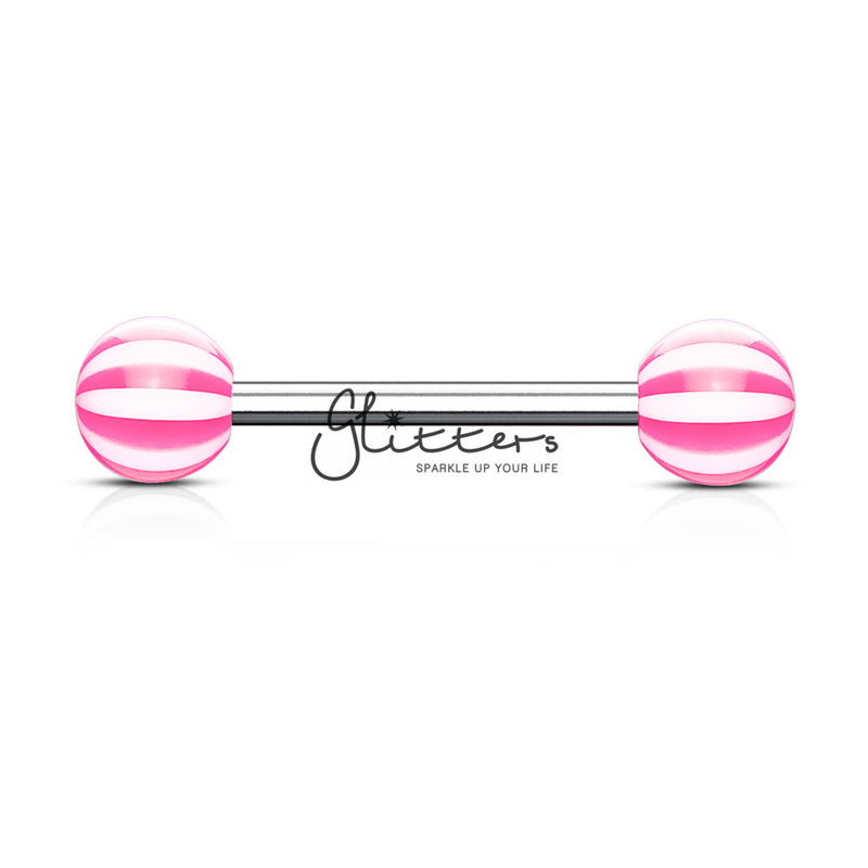 Pink Candy Stripe Acrylic Ball with Surgical Steel Tongue Bar-Body Piercing Jewellery, Tongue Bar-TR0001-Candy3-Glitters