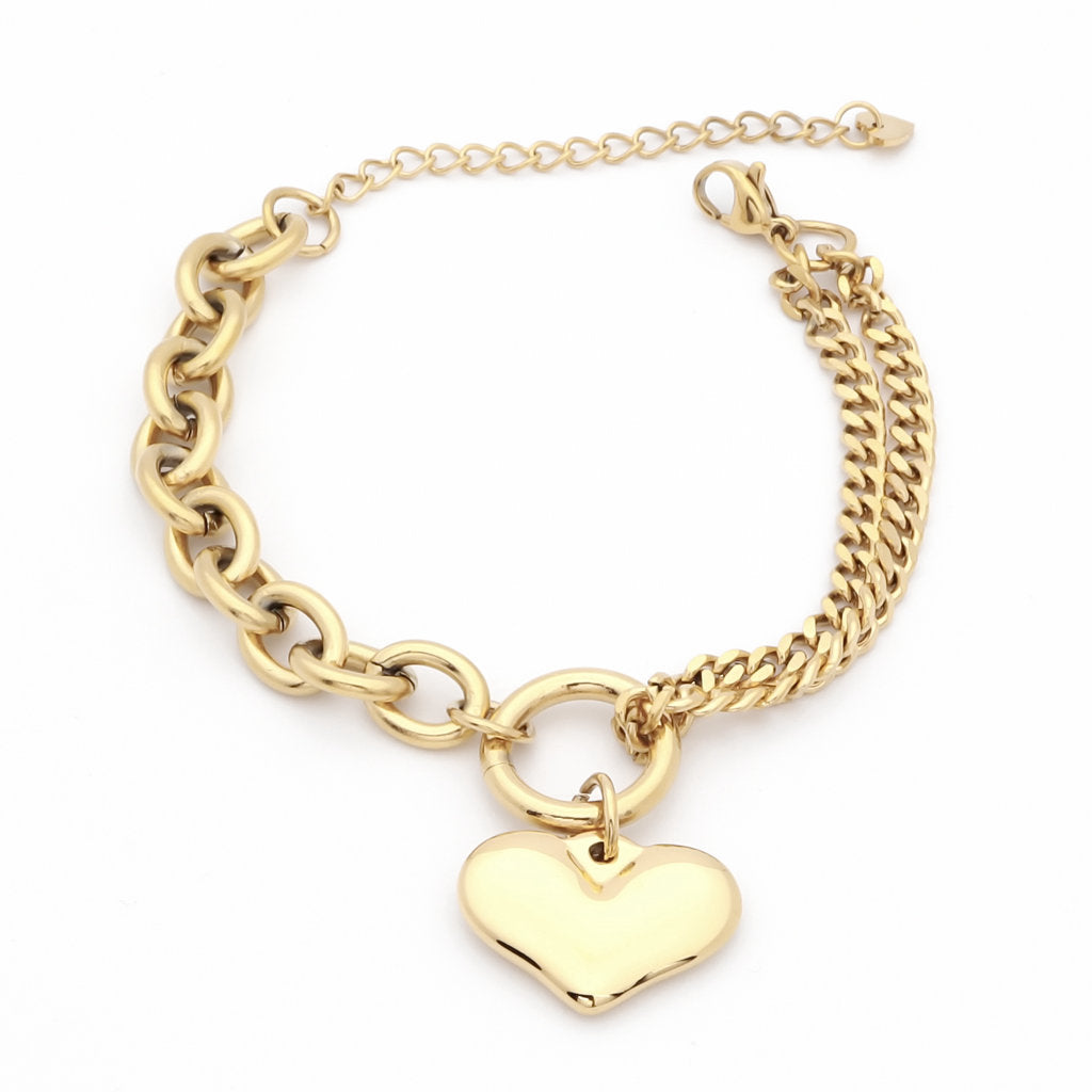 Stainless Steel Women's Bracelet with Dangle Heart Charm - Gold-Bracelets, Jewellery, New, Stainless Steel, Stainless Steel Bracelet, Women's Bracelet, Women's Jewellery-WB0003-G1_1-Glitters