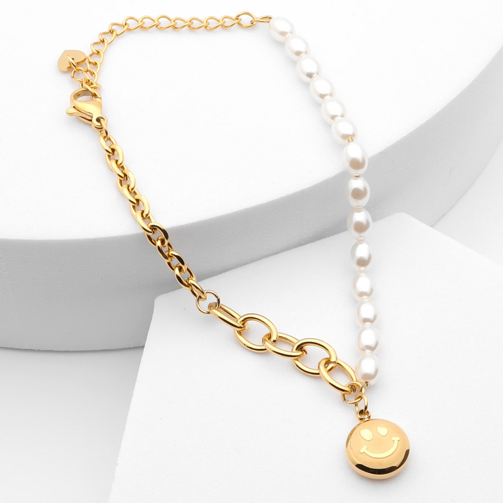 Stainless Steel Women's Bracelet with Dangle Smiley Face Charm - Gold-Bracelets, Jewellery, New, Stainless Steel, Stainless Steel Bracelet, Women's Bracelet, Women's Jewellery-WB0004-G2_1-Glitters