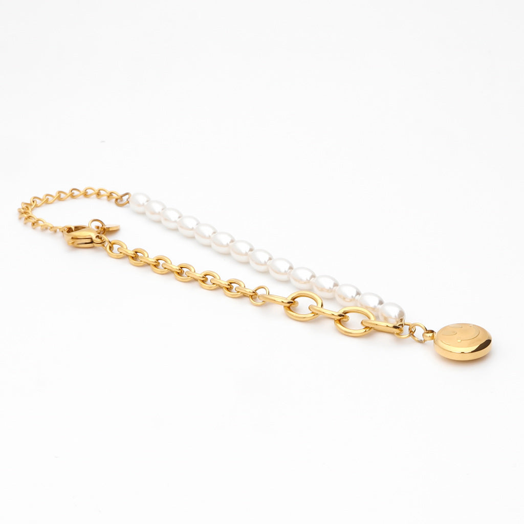 Stainless Steel Women's Bracelet with Dangle Smiley Face Charm - Gold-Bracelets, Jewellery, New, Stainless Steel, Stainless Steel Bracelet, Women's Bracelet, Women's Jewellery-WB0004-G3_1-Glitters