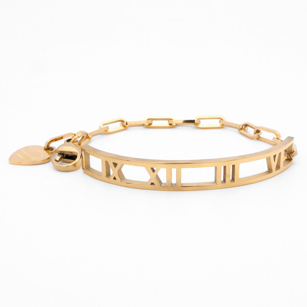 Stainless Steel Roman Numerals Bracelet with Heart Charm - Gold-Bracelets, Jewellery, New, Stainless Steel, Stainless Steel Bracelet, Women's Bracelet, Women's Jewellery-WB0012-G1_1-Glitters