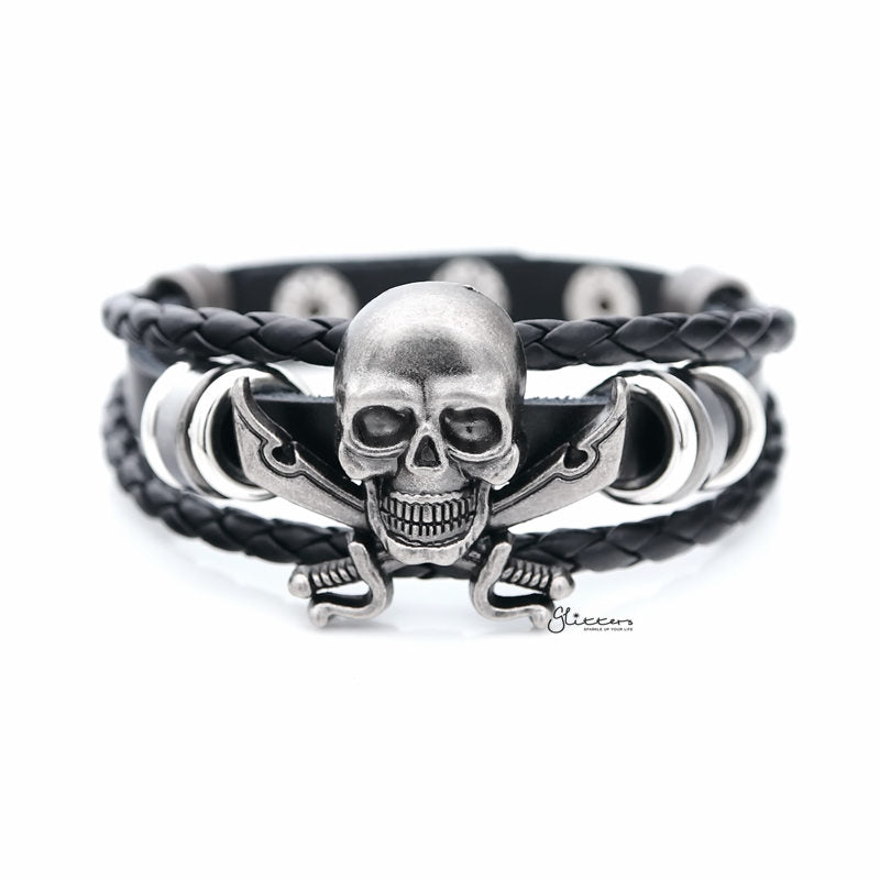 Classic Multilayer Pirate Skull and Cross Swords Adjustable Leather Bracelet-Bracelets, Jewellery, leather bracelet, Men's Bracelet, Men's Jewellery-bcl0186-1_800-Glitters