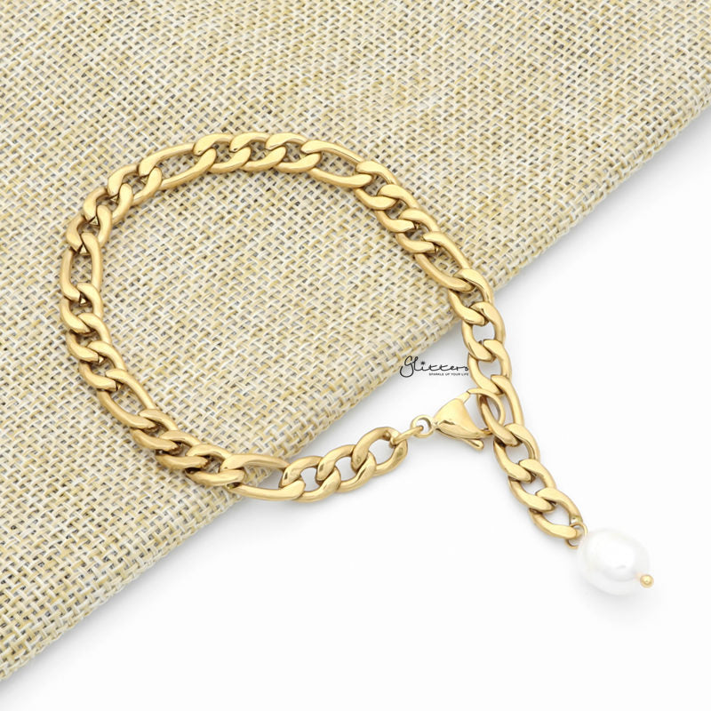 Freshwater Pearl with Gold I.P Stainless Steel Figaro Chain Bracelet-Bracelets, Freshwater Pearl, Jewellery, Stainless Steel, Stainless Steel Bracelet, Women's Bracelet, Women's Jewellery-bcl0199-2_1-Glitters