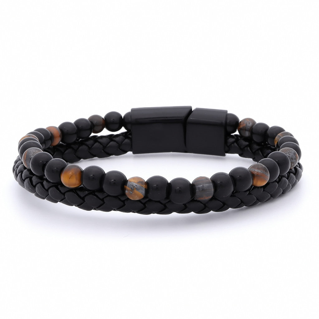 Tiger Eye Beads with Black Braided Leather Bracelet-Bracelets, Jewellery, leather bracelet, Men's Bracelet, Men's Jewellery, New, Stainless Steel-bcl0226-1_1-Glitters