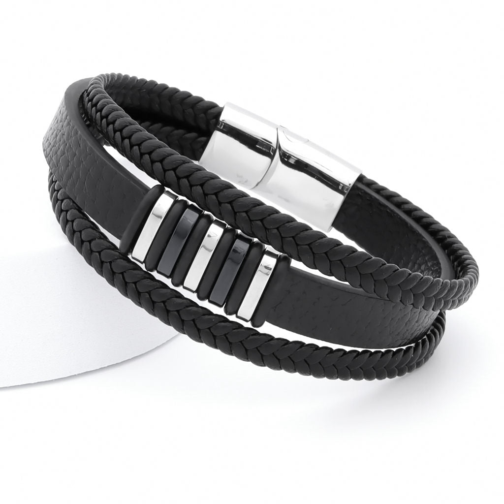 Multilayer Leather Bracelet with Magnetic Clasp-Bracelets, Jewellery, leather bracelet, Men's Bracelet, Men's Jewellery, Stainless Steel-bcl0229-2_1-Glitters