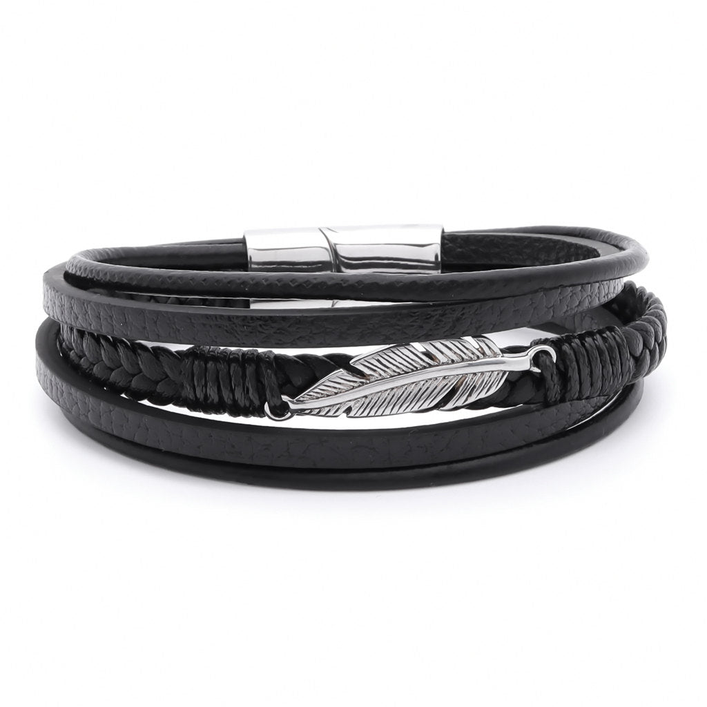 Multilayer Leather Bracelet with Feather Ornament-Bracelets, Jewellery, leather bracelet, Men's Bracelet, Men's Jewellery, New, Stainless Steel-bcl0233-1-1-Glitters