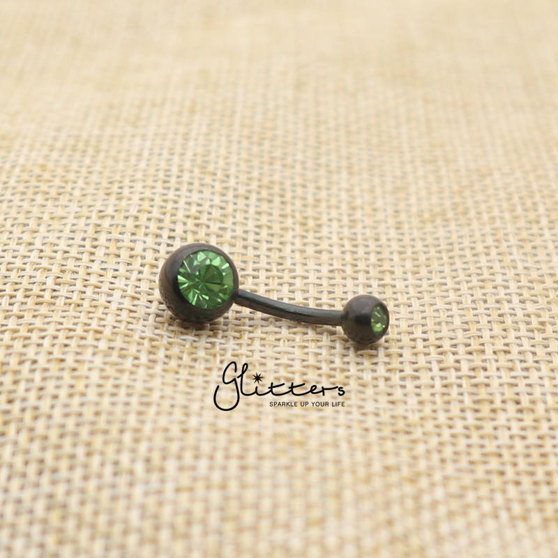 Black Titanium I.P Surgical Steel Double Gem Belly Button Ring - Green-Belly Ring, Body Piercing Jewellery-bj0059-05-Glitters