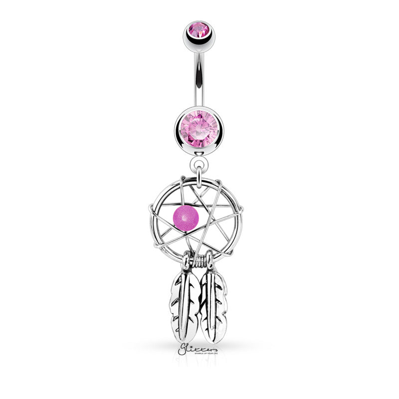 Dream Catcher Woven Star Design Belly Button Navel Ring - Pink-Belly Ring, Body Piercing Jewellery, Cubic Zirconia-bj0298-P1_1-Glitters