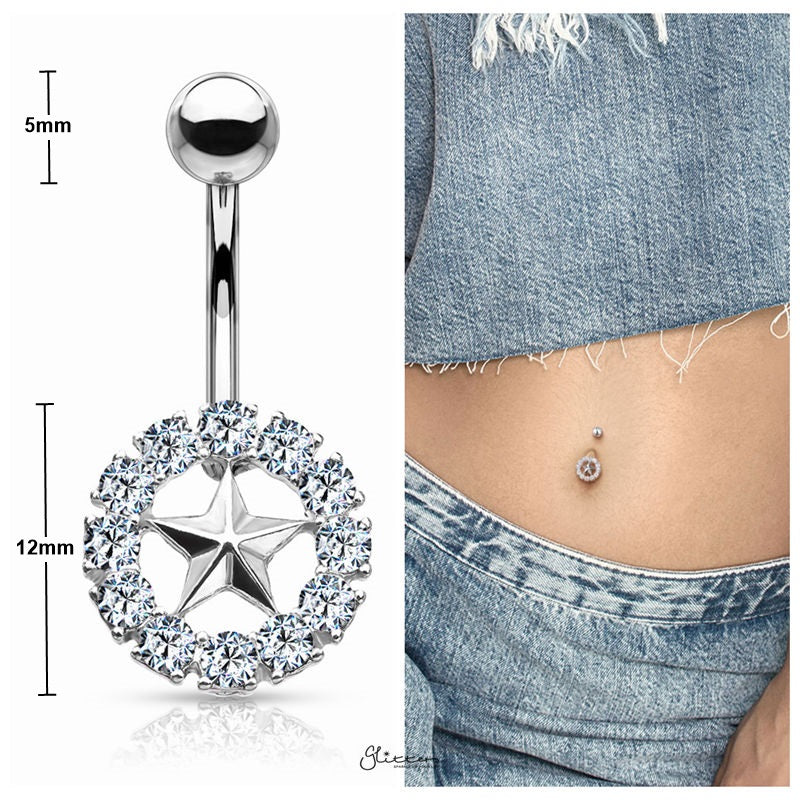 Star With Crystal Surroundings Belly Button Navel Ring - Silver-Belly Ring, Body Piercing Jewellery, Cubic Zirconia-1_New-Glitters