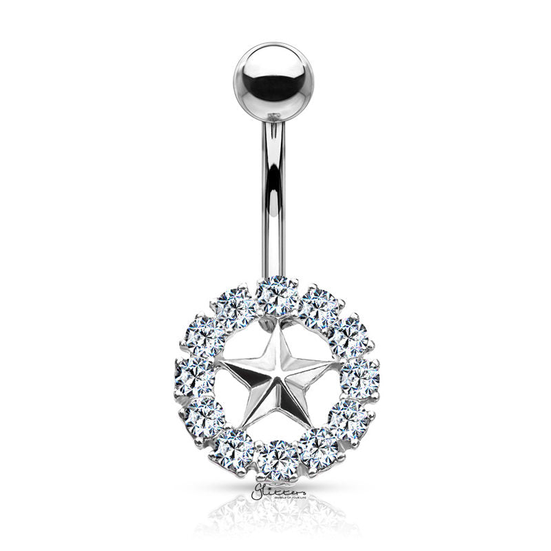 Star With Crystal Surroundings Belly Button Navel Ring - Silver-Belly Ring, Body Piercing Jewellery, Cubic Zirconia-bj0318-s-Glitters