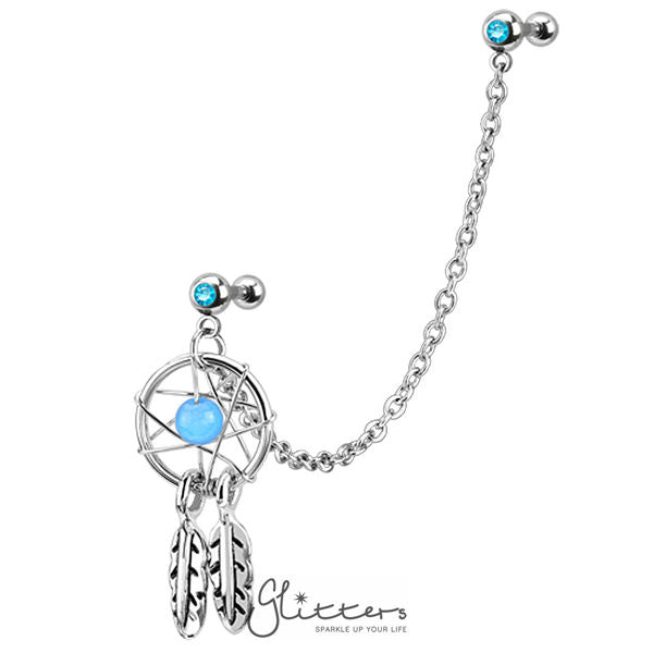316L Surgical Steel Chain Linked Dangle Dream Catcher with Double Gemmed Tragus/Ear Cuffs-Ear Cuffs, Jewellery, Tragus, Women's Earrings, Women's Jewellery-ec0059-Glitters