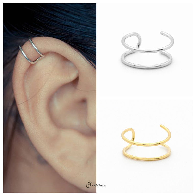 Non Pierced Sterling Silver Double Lines Conch Ear Cuff - Silver-Body Piercing Jewellery, Conch Earrings, Ear Cuffs, earrings, Jewellery, Non-Pierced, Women's Earrings, Women's Jewellery-ec0065-m-Glitters