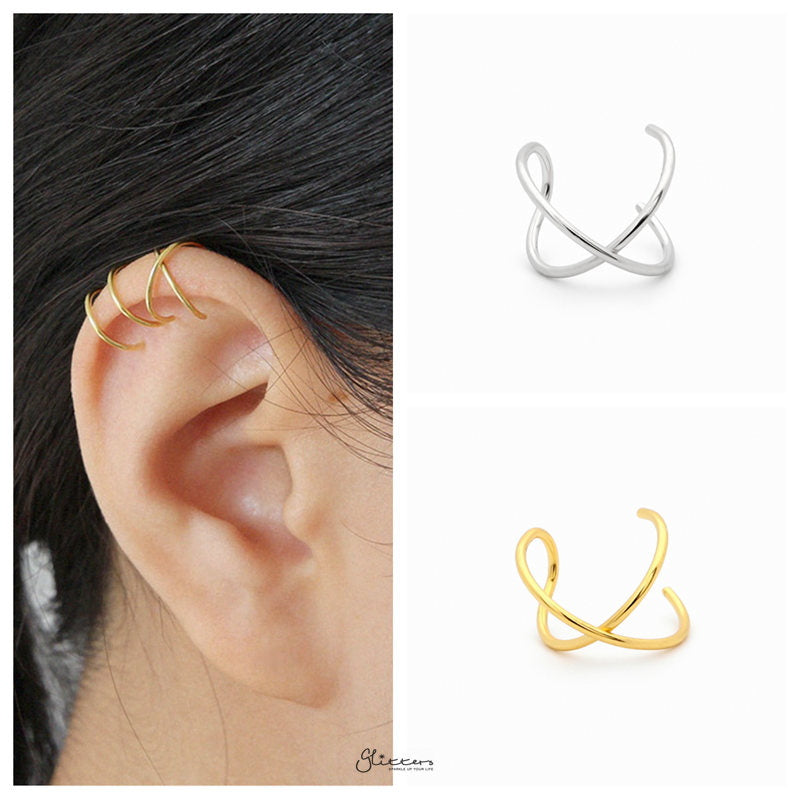 Non Pierced Sterling Silver Cross Line Conch Ear Cuff - Silver-Body Piercing Jewellery, Conch Earrings, Ear Cuffs, earrings, Jewellery, Non-Pierced, Women's Earrings, Women's Jewellery-ec0066-m-Glitters