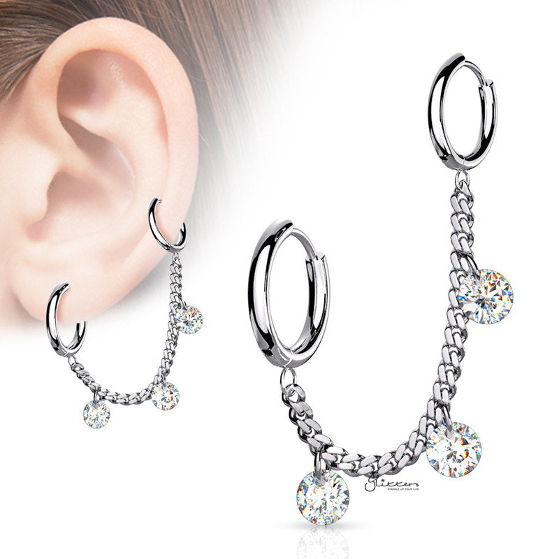3 CZ Dangle 316L Surgical Steel Chain Linked Ear Huggie Hoops - Silver-Body Piercing Jewellery, Cubic Zirconia, Ear Chain, Ear Cuffs, Earrings, Jewellery-ec0104m-Glitters