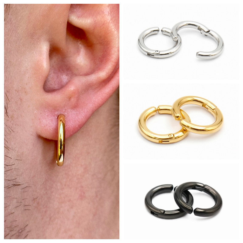 Non-Pierced Stainless Steel Clip On Round Hoop Earrings - Silver-earrings, Fake Earrings, Hinged Earrings, Hoop Earrings, Jewellery, Men's Earrings, Men's Jewellery, Non-Pierced, Stainless Steel, Women's Earrings, Women's Jewellery-ec0106-M-Glitters