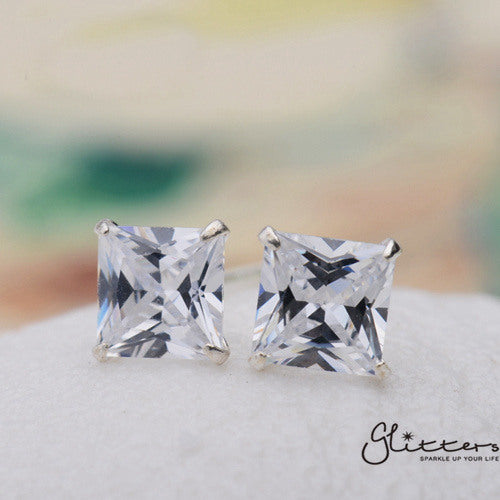 925 Sterling Silver Martini Stud Earring with Square Cubic Zirconia-3mm | 4mm | 5mm | 6mm-Cubic Zirconia, earrings, Jewellery, Men's Earrings, Men's Jewellery, Stud Earrings, Women's Earrings, Women's Jewellery-er00171-Glitters