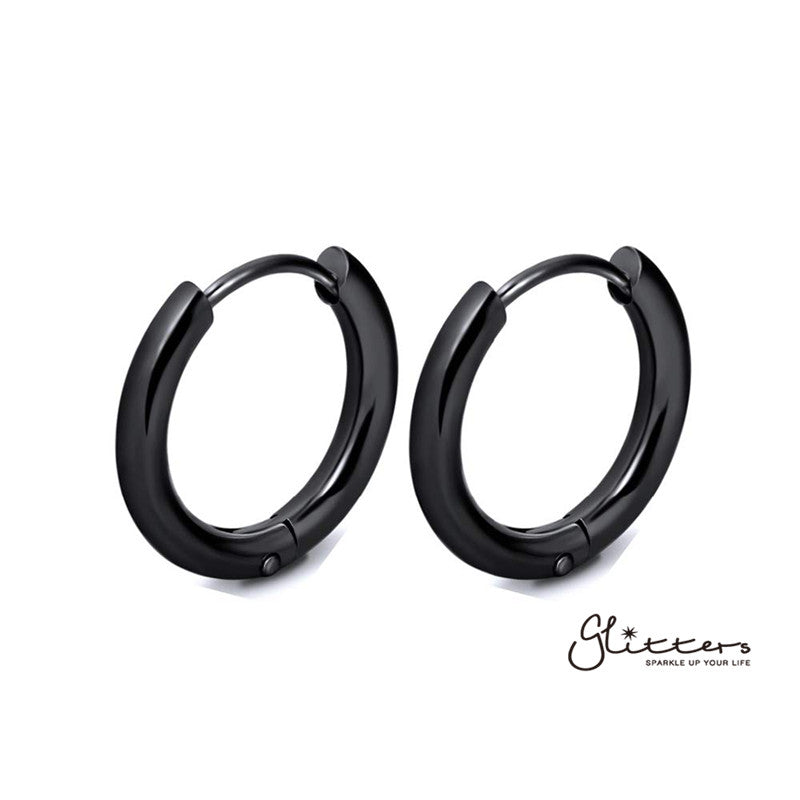 Black Titanium I.P Stainless Steel Round Huggie Hoop Earrings-earrings, Hoop Earrings, Huggie Earrings, Jewellery, Men's Earrings, Men's Jewellery, Stainless Steel, Women's Earrings, Women's Jewellery-er0122-Hoop-4-Glitters