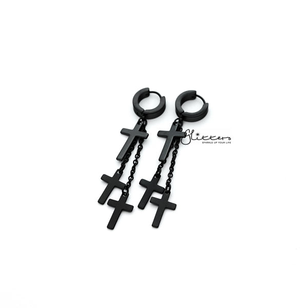 Black Titanium IP Stainless Steel 3 Cross and Chain Dangle Hinged Hoop Earrings-Chain Earring, earrings, Hinged Earrings, Hoop Earrings, Huggie Earrings, Jewellery, Men's Earrings, Men's Jewellery, Stainless Steel, Women's Earrings, Women's Jewellery-er1415_K01-Glitters