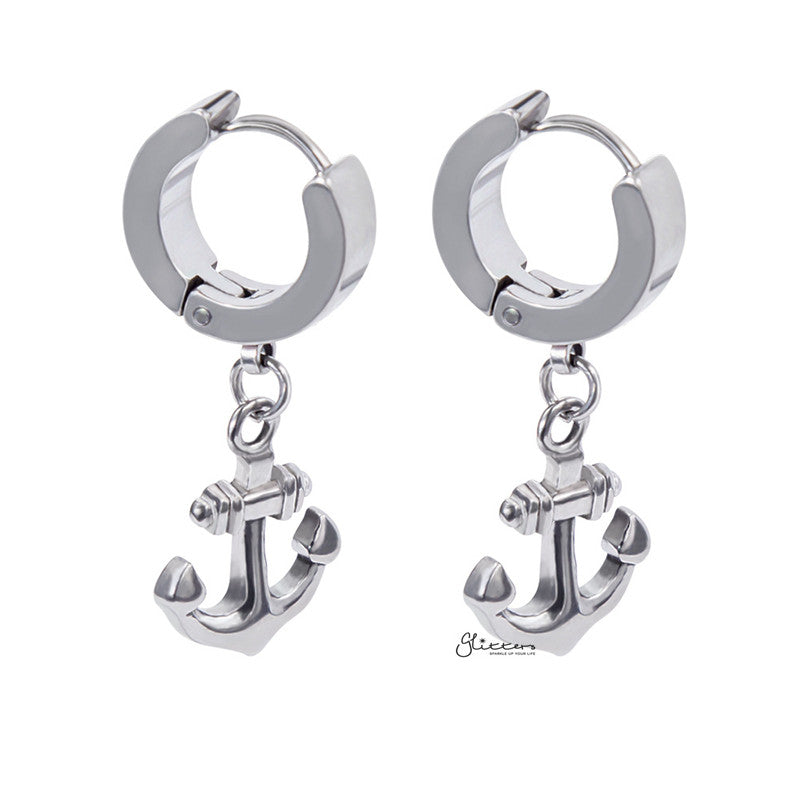 Anchor Dangle Huggie Hoop Earrings - Silver-earrings, Hoop Earrings, Huggie Earrings, Jewellery, Men's Earrings, Men's Jewellery, Stainless Steel, Women's Earrings-er1482-s_1-Glitters