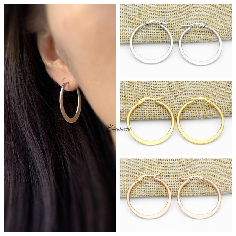 Stainless Steel Plain Flat Hoop Earrings - Silver-earrings, Hoop Earrings, Huggie Earrings, Jewellery, Stainless Steel, Women's Earrings, Women's Jewellery-1-Glitters