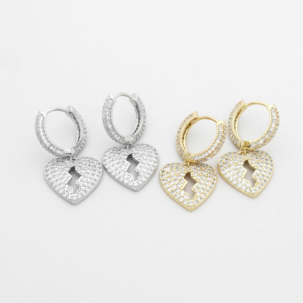 Dangle Heart One-Touch Huggie Hoop Earrings-Cubic Zirconia, earrings, Hip Hop Earrings, Hoop Earrings, Iced Out, Jewellery, Women's Earrings, Women's Jewellery-er1556_1-Glitters