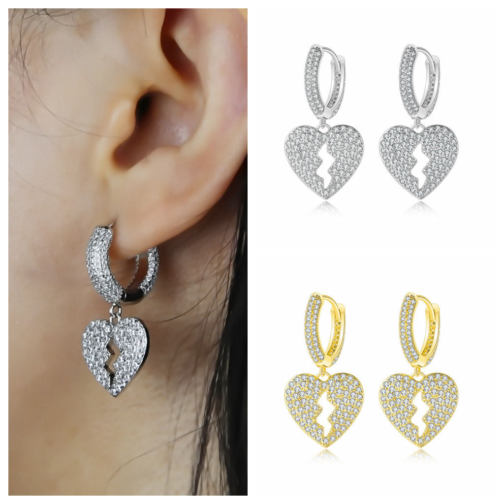 Dangle Heart One-Touch Huggie Hoop Earrings-Cubic Zirconia, earrings, Hip Hop Earrings, Hoop Earrings, Iced Out, Jewellery, Women's Earrings, Women's Jewellery-er1556_3-Glitters
