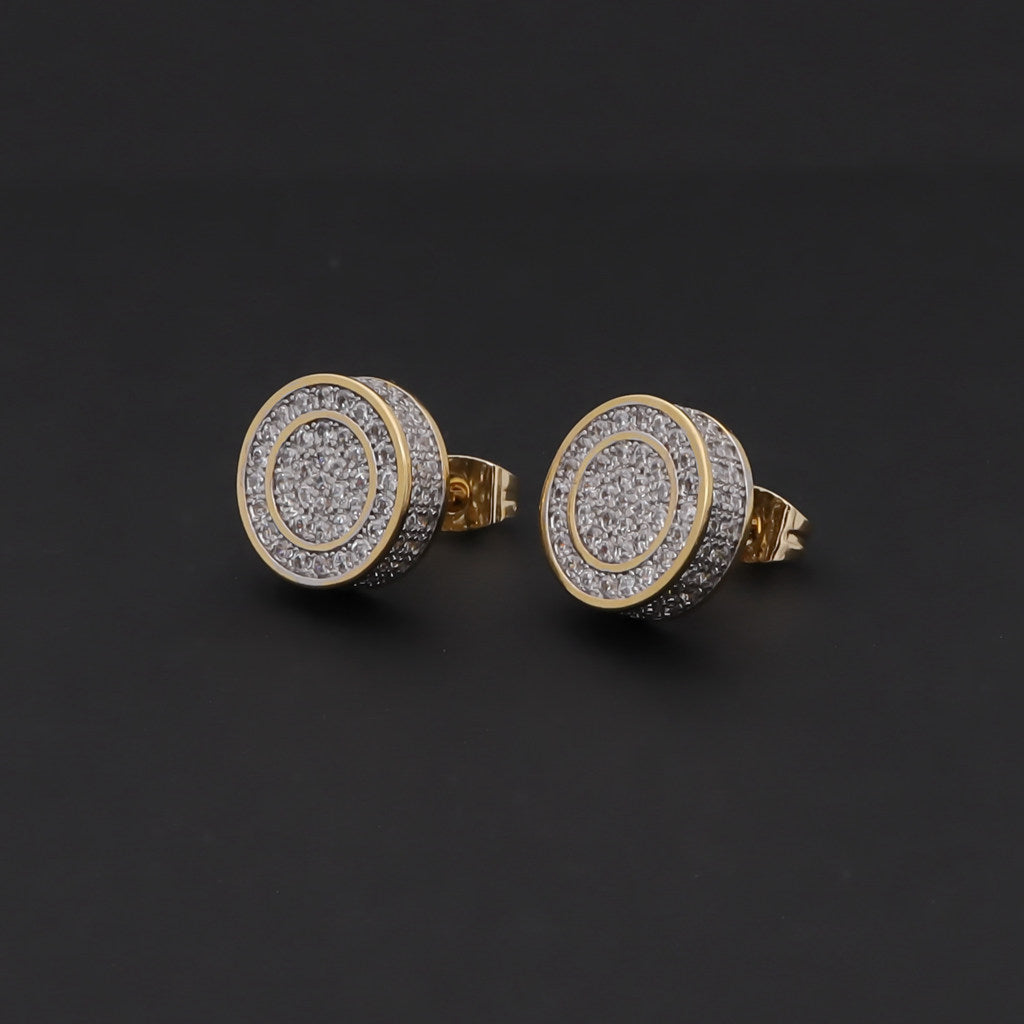 Iced Out 12mm Round Stud Earrings - Gold-Cubic Zirconia, earrings, Hip Hop Earrings, Iced Out, Jewellery, Men's Earrings, Men's Jewellery, New, Stud Earrings, Women's Earrings, Women's Jewellery-er1568-g2_1-Glitters