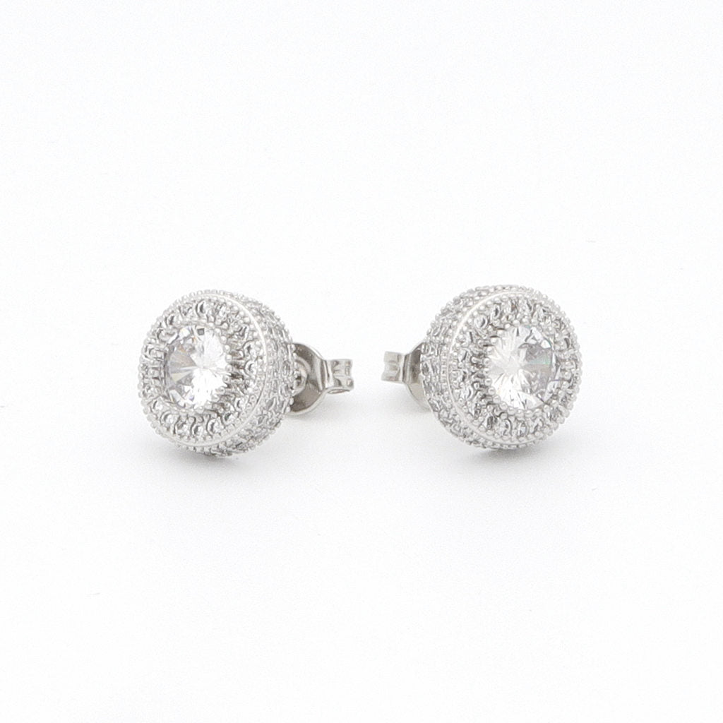 Iced Out 10mm Round Stud Earrings - Silver-Cubic Zirconia, earrings, Hip Hop Earrings, Iced Out, Jewellery, Men's Earrings, Men's Jewellery, New, Stud Earrings, Women's Earrings, Women's Jewellery-er1569-s1_1-Glitters