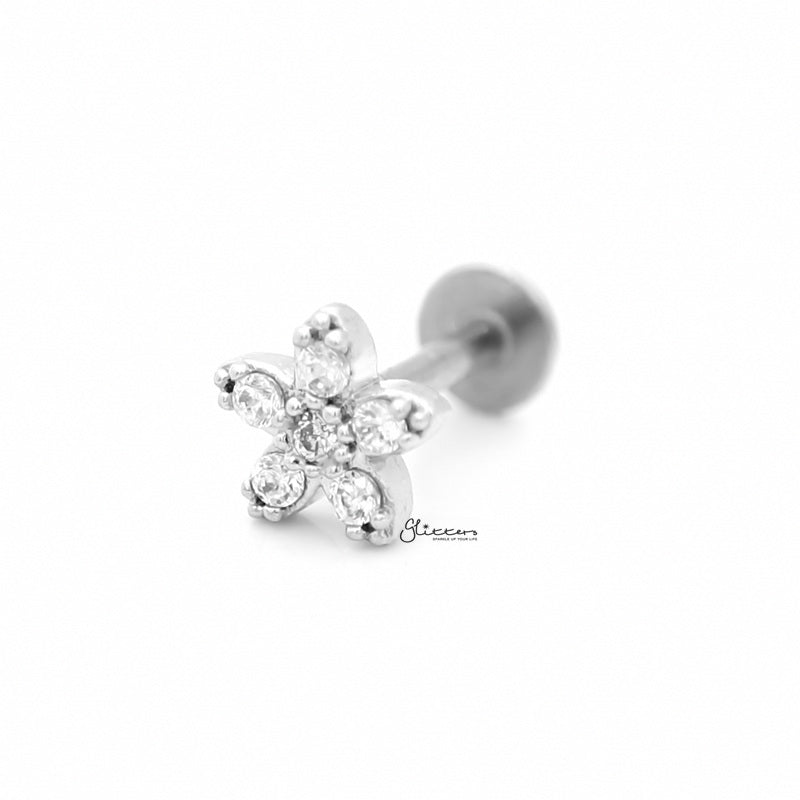 C.Z Flower Tragus Barbell - Ball End | Flat Back-Body Piercing Jewellery, Cartilage, Cubic Zirconia, Flat back, Jewellery, Tragus, Women's Earrings, Women's Jewellery-fp0020-cf9-f_1-Glitters