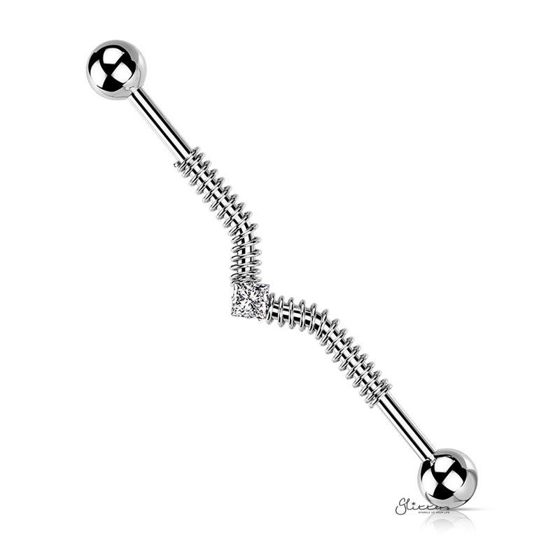 Spring Coil and Square Center CZ Industrial Barbell - Silver-Body Piercing Jewellery, Cubic Zirconia, Industrial Barbell-ib0041-s1_800-Glitters
