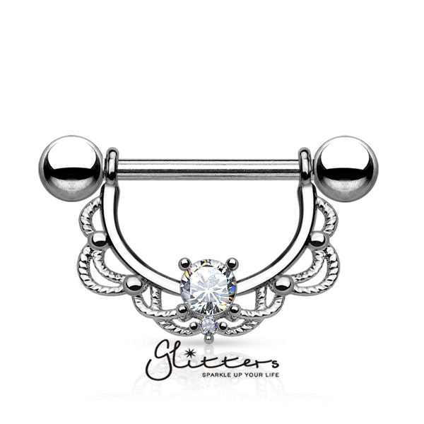 CZ Centered Filigree Drop 316L Surgical Steel Nipple Rings-Body Piercing Jewellery, Cubic Zirconia, Nipple Barbell-nb0011-1-Glitters