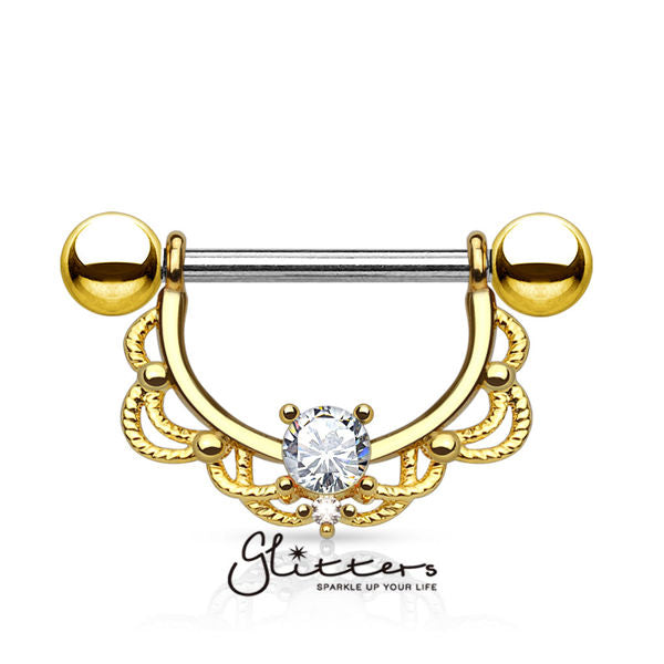 CZ Centered Filigree Drop 316L Surgical Steel Nipple Rings-Body Piercing Jewellery, Cubic Zirconia, Nipple Barbell-nb0011-4-Glitters