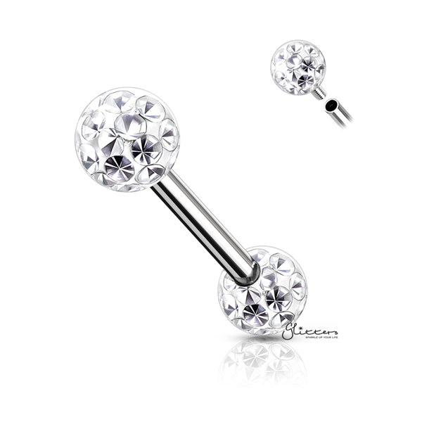 Surgical Steel Nipple Barbell with Epoxy Covered Crystal Paved Balls - Clear-Body Piercing Jewellery, Cubic Zirconia, Nipple Barbell, Tongue Bar-nb0019-c-Glitters