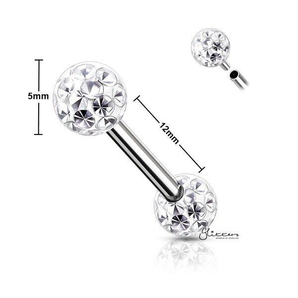 Surgical Steel Nipple Barbell with Epoxy Covered Crystal Paved Balls - Clear-Body Piercing Jewellery, Cubic Zirconia, Nipple Barbell, Tongue Bar-nb0019-c_New-Glitters