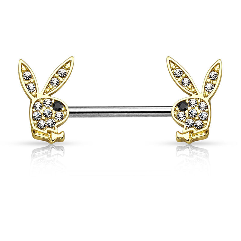 Playboy Bunny Ends Nipple Barbell - Gold-Body Piercing Jewellery, Nipple Barbell-nb0027-g-Glitters