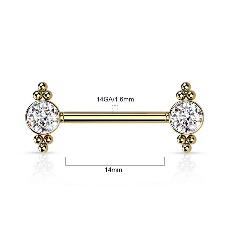 CZ and Ball Clusters Push in Nipple Barbell - Gold-Body Piercing Jewellery, Cubic Zirconia, Nipple Barbell-nb0029-g-2-Glitters