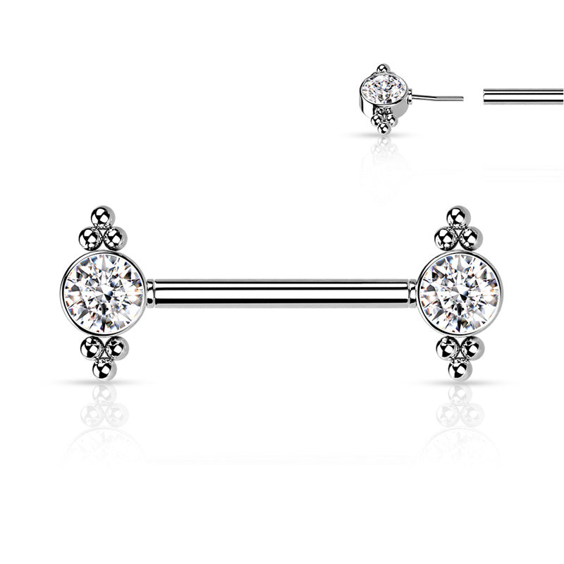CZ and Ball Clusters Push in Nipple Barbell - Silver-Body Piercing Jewellery, Cubic Zirconia, Nipple Barbell-nb0029-s-1-Glitters