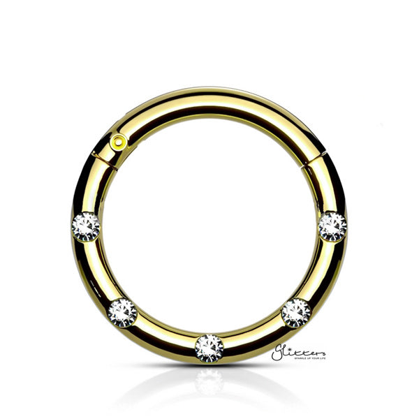 Surgical Steel Hinged Segment Hoop Ring with 5 Crystals - Gold-Body Piercing Jewellery, Cartilage, Crystal, Daith, Nose, Septum Ring-ns0104-g1_01-Glitters