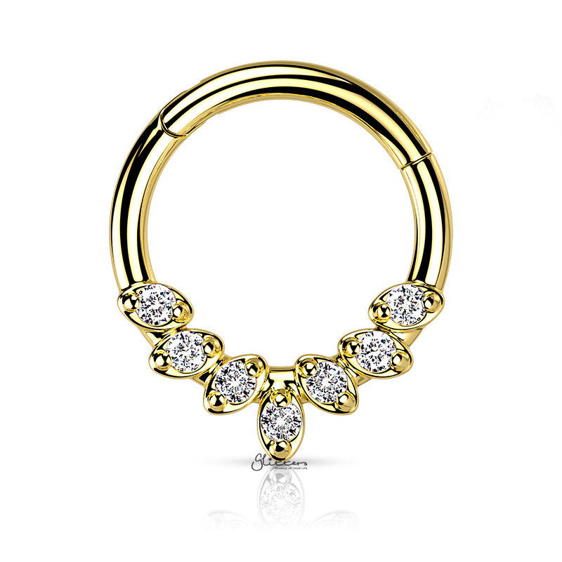 7 CZ Leaves Hinged Segment Septum Ring - Gold-Body Piercing Jewellery, Cartilage, Cubic Zirconia, Daith, Septum Ring-ns0133-g1-Glitters
