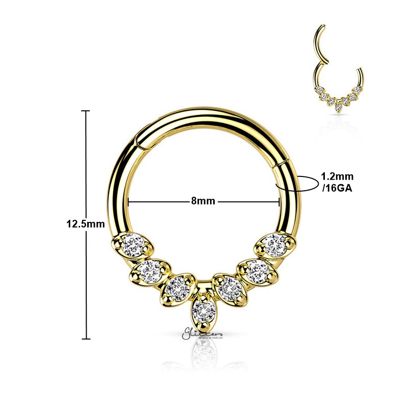 7 CZ Leaves Hinged Segment Septum Ring - Gold-Body Piercing Jewellery, Cartilage, Cubic Zirconia, Daith, Septum Ring-ns0133-g2_New-Glitters