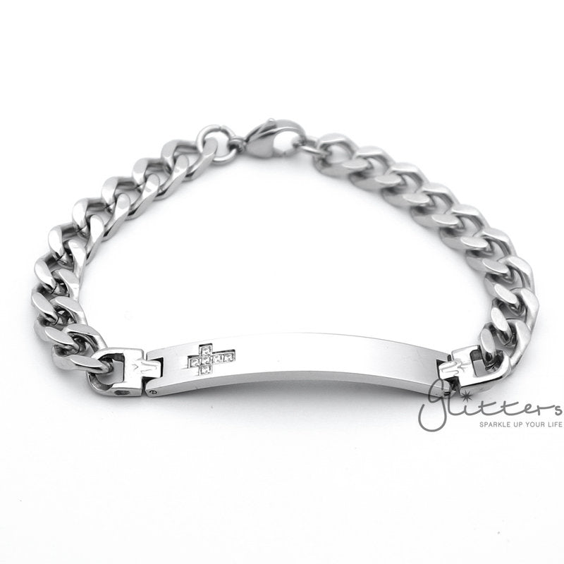 Stainless Steel Men's ID Bracelet with Cubic Zirconia Cross + Engraving-Engraved Bracelet, Engraving, Personalized-sb0024_1_d06b4fd4-f09c-496d-9356-2e420e7783d0-Glitters