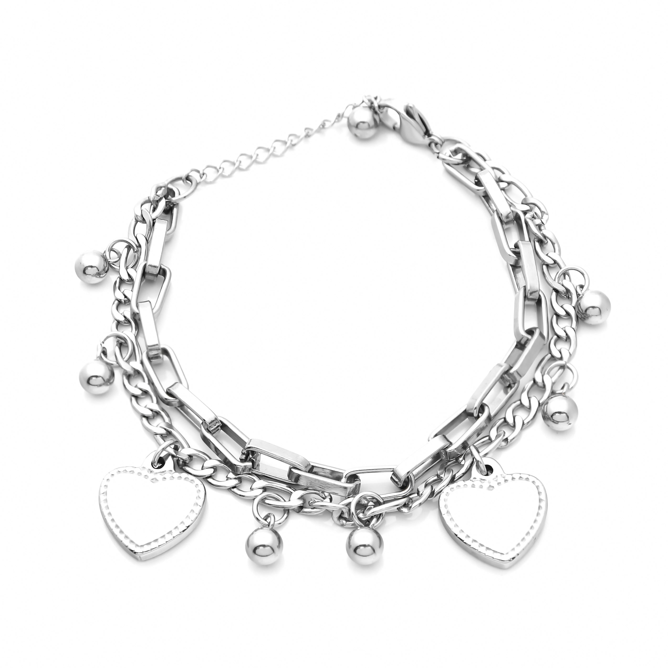 Double Layered Women's Bracelet with Dangle Heart Charms - Silver-Bracelets, Jewellery, Stainless Steel, Stainless Steel Bracelet, Women's Bracelet, Women's Jewellery-sb0074-s-1-Glitters