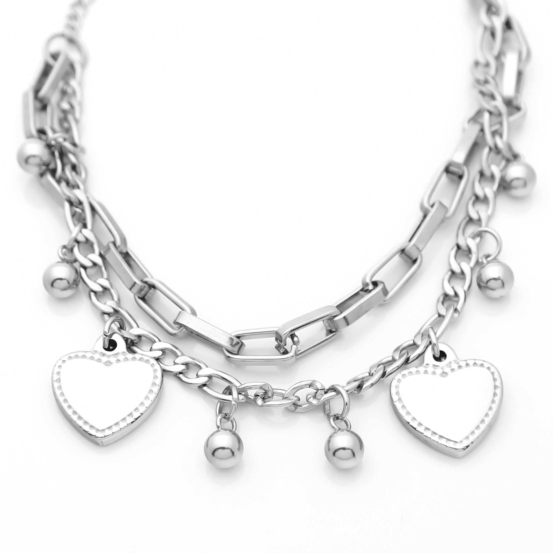 Double Layered Women's Bracelet with Dangle Heart Charms - Silver-Bracelets, Jewellery, Stainless Steel, Stainless Steel Bracelet, Women's Bracelet, Women's Jewellery-sb0074-s-2-Glitters