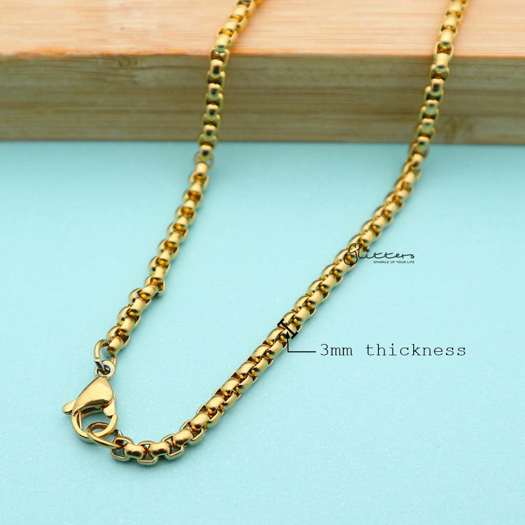Gold I.P Stainless Steel Classic Rolo Cable Chain Necklaces - 3mm width | 61cm length-Chain Necklaces, Jewellery, Men's Chain, Men's Jewellery, Men's Necklace, Necklaces, Pendant Chain, Stainless Steel, Stainless Steel Chain-sp0081_1000-02_New-Glitters