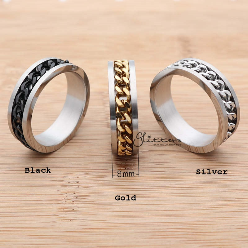 Stainless Steel 8mm Spinning Chain Ring - Silver | Gold | Black-Best Sellers, Jewellery, Men's Jewellery, Men's Rings, Rings, Stainless Steel, Stainless Steel Rings-sr0163-182-223-02_New-Glitters