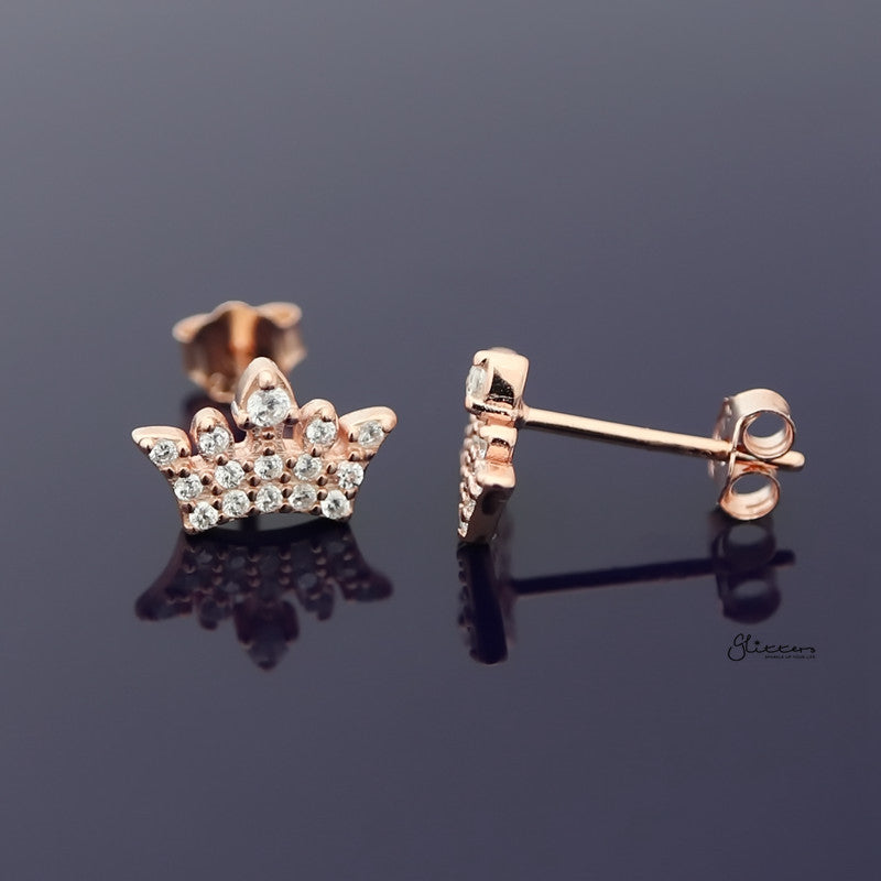 Sterling Silver CZ Paved Crown Stud Earrings - Rose Gold-Cubic Zirconia, earrings, Jewellery, Stud Earrings, Women's Earrings, Women's Jewellery-sse0079rg2-Glitters
