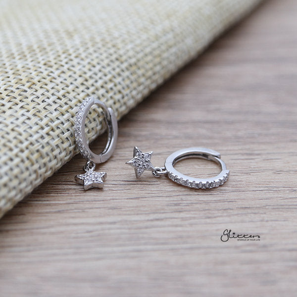 925 Sterling Silver C.Z One-Touch Hoop Earrings with Dangle C.Z Star-Cubic Zirconia, earrings, Hoop Earrings, Jewellery, Women's Earrings, Women's Jewellery-sse0363-s_600-Glitters