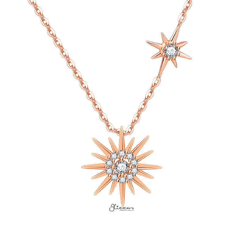 Sterling Silver C.Z Paved Sun Necklace - Rose Gold-Cubic Zirconia, Jewellery, Necklaces, Sterling Silver Necklaces, Women's Jewellery, Women's Necklace-ssp0170_1-Glitters