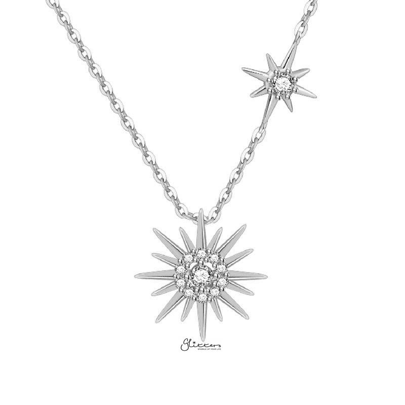 Sterling Silver C.Z Paved Sun Necklace - Silver-Cubic Zirconia, Jewellery, Necklaces, Sterling Silver Necklaces, Women's Jewellery, Women's Necklace-ssp0170_2-Glitters